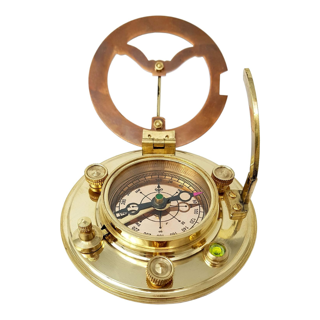 Antique Brass & Copper Sundial Compass with Leather Gift Box