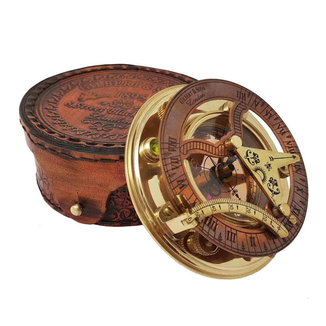 Antique Brass & Copper Sundial Compass with Leather Gift Box