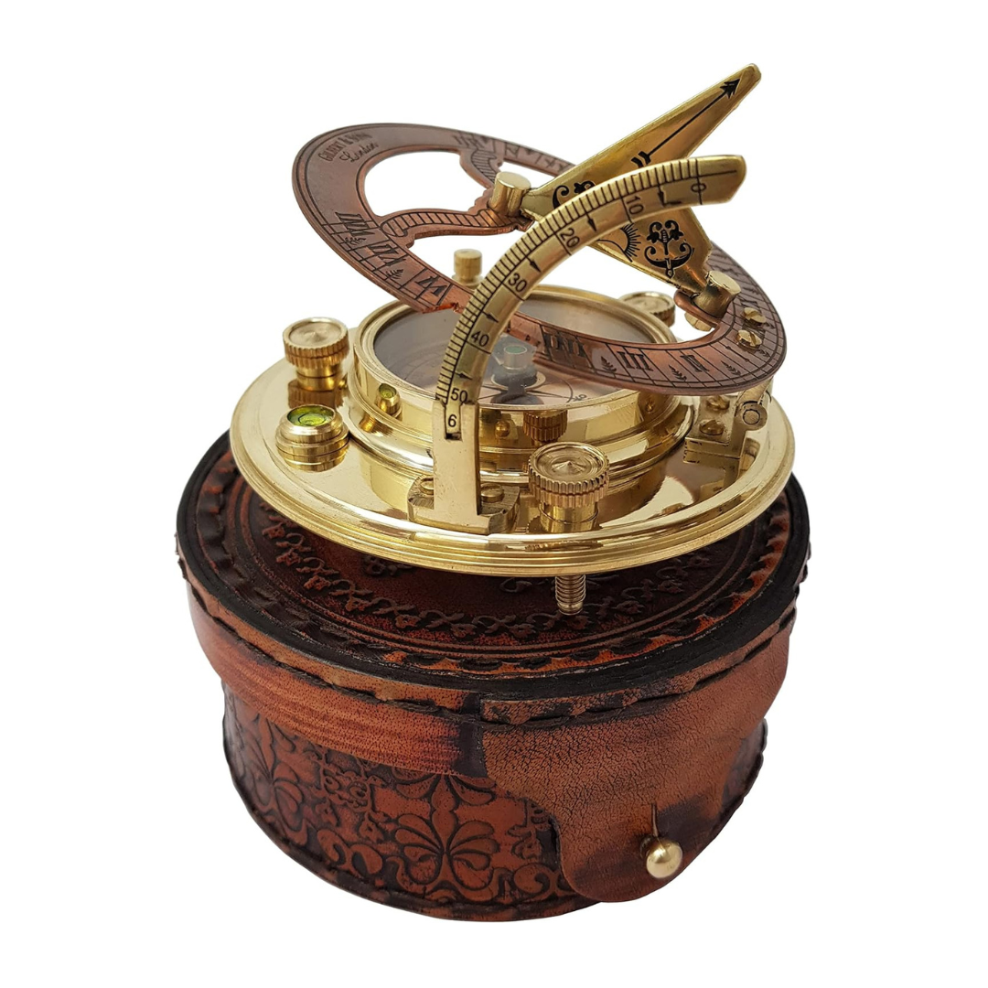 Antique Brass & Copper Sundial Compass with Leather Gift Box